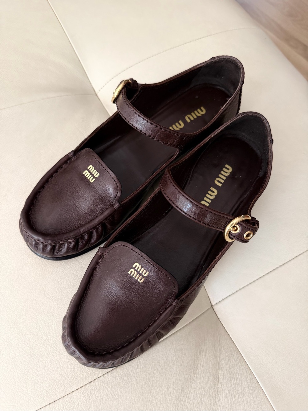Miu Miu Dark Brown Leather Mary Jane Loafers with Gold Buckle